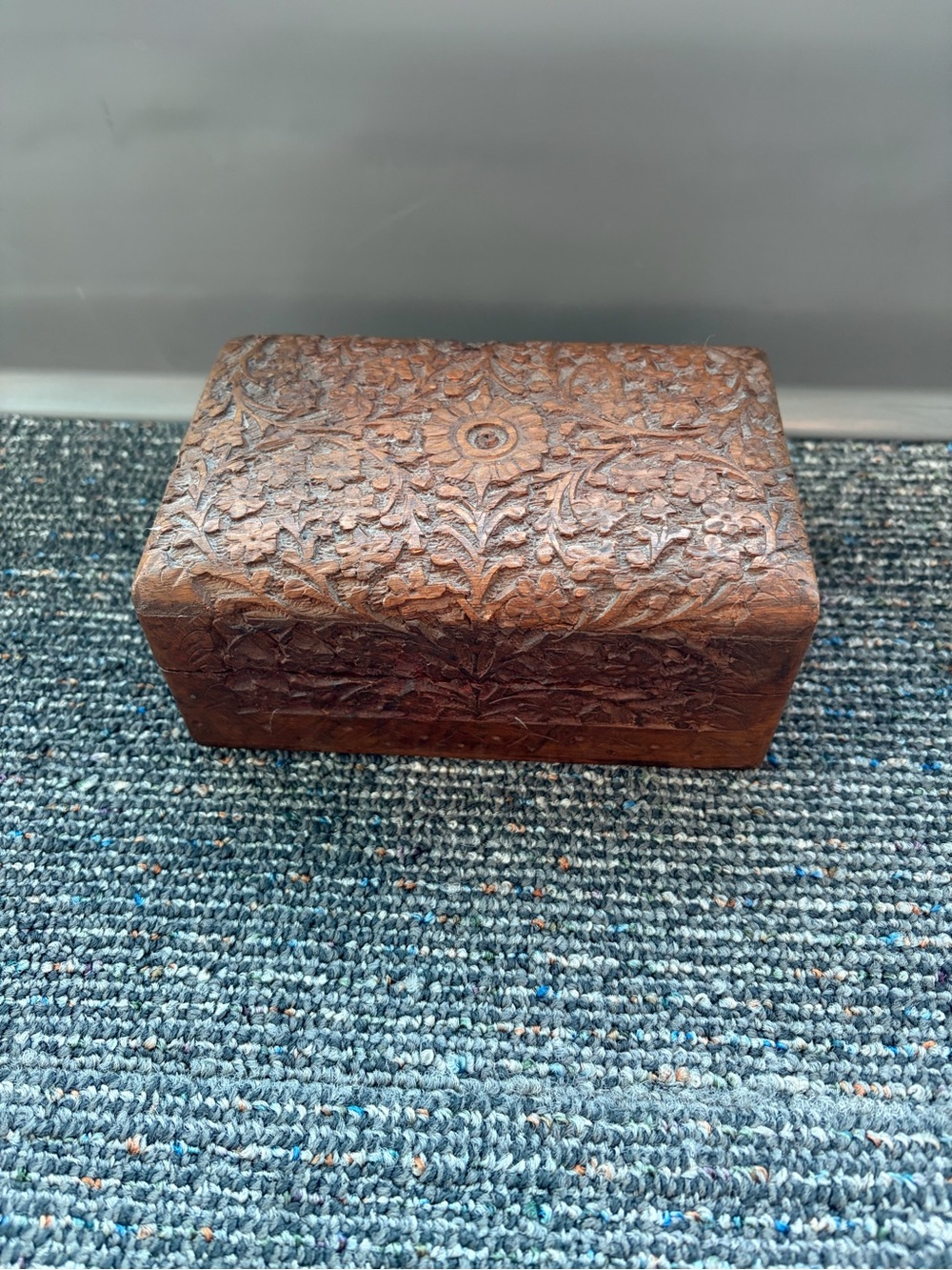 Vintage Hand Carved Wood Jewelry Box Floral Trinket Chest Velvet Lined Boho